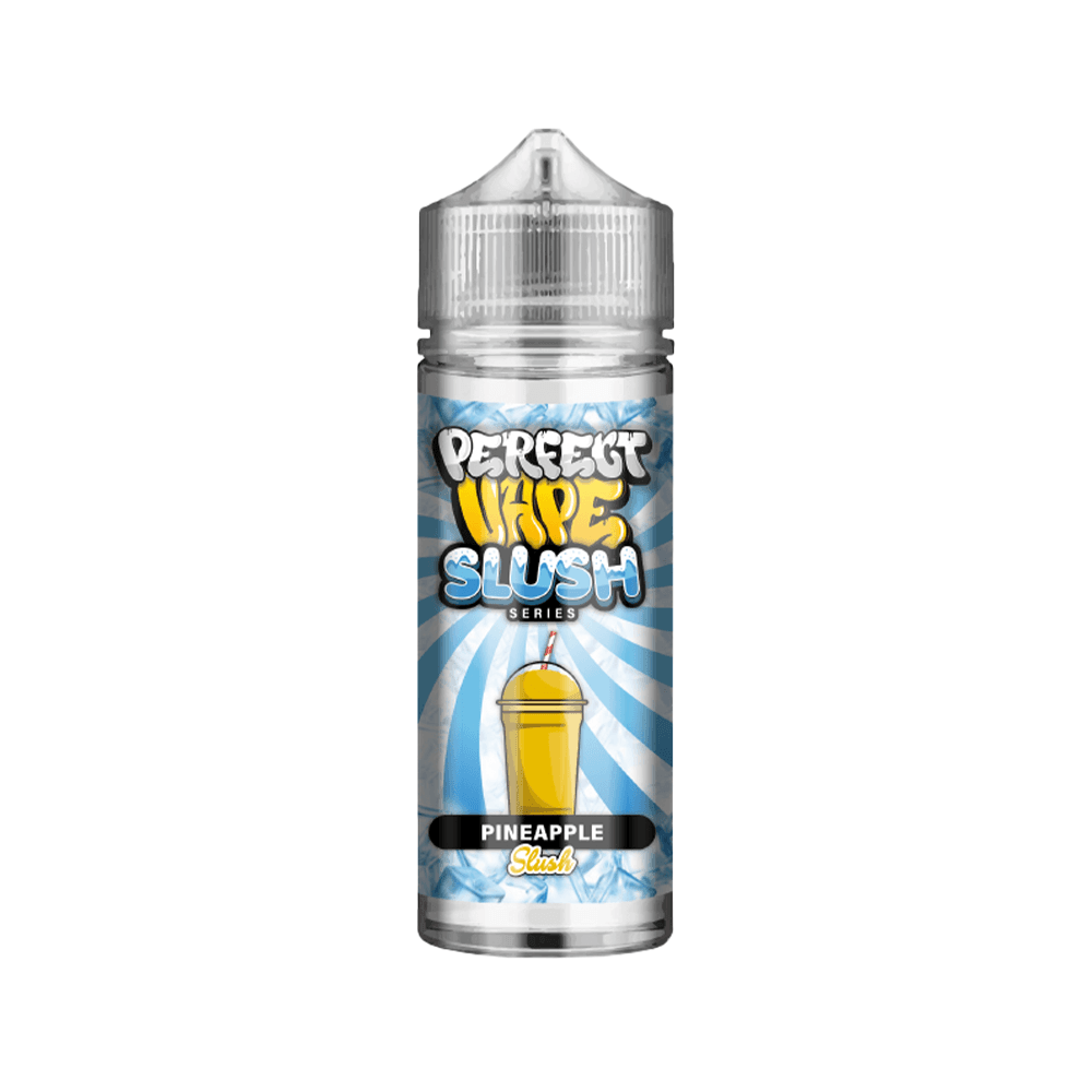 Blue and white vape juice bottle with "Perfect Vape Slush" and "Pineapple Slush" label.