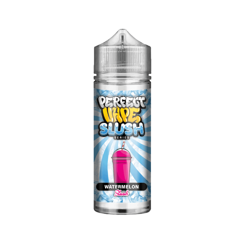 Perfect Vape Slush Watermelon e-liquid bottle with blue and white swirl background.