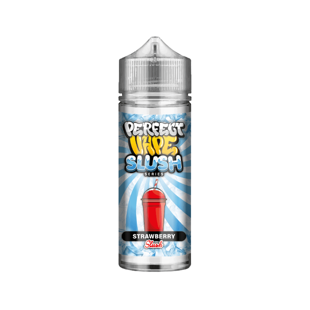 Strawberry Slush vape juice bottle with a blue and white swirl background.