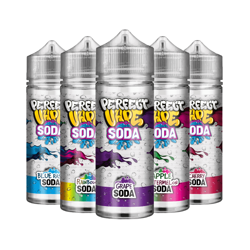 Five bottles of Perfect Vape Soda e-liquid in assorted fruity flavours.