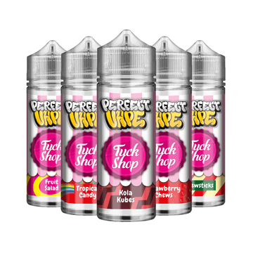 Five bottles of Perfect Vape e-liquid in various sweet flavours.