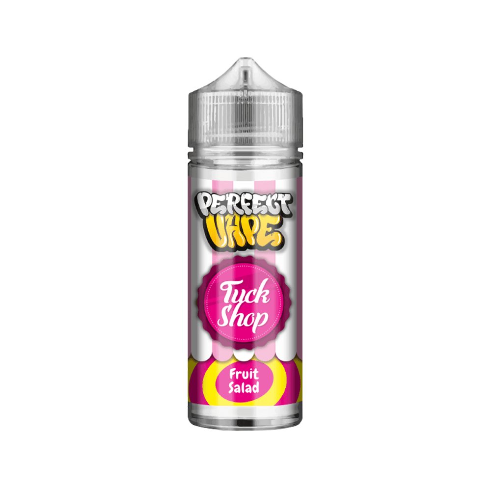 Perfect Vape Tuck Shop 100ml shortfill bottle with Fruit Salad flavour label.