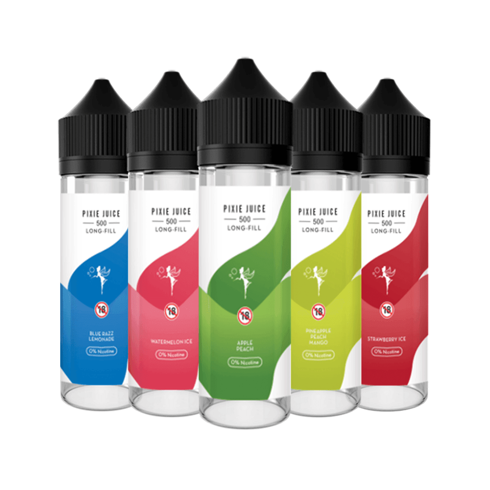 Five Pixie Juice 50ml vape bottles in various fruit flavours.