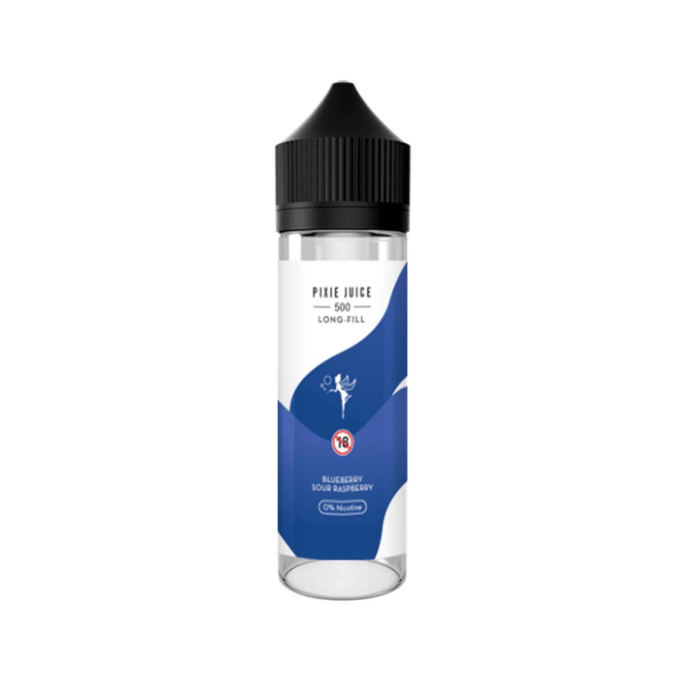 Pixie Juice 50ml e-liquid bottle, blueberry sour raspberry flavour, black cap.