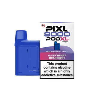 PIXL 8000 PODXL device showing 8000 puff rating - PIXL 8000 pods with refillable pod system - Blue Cherry Cranberry Flavour