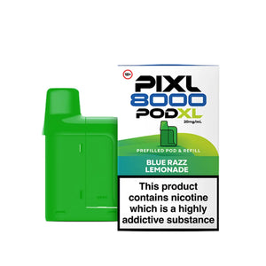  PIXL 8000 refill pods showcasing 8000 puff capacity with nicotine content warning label - Blue Razz Lemonade Flavour 