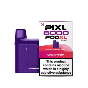 PIXL 8000 PODXL device showing premium PIXL 8000 refill pods with 8000 puff capability - Cherry Pop Flavour 