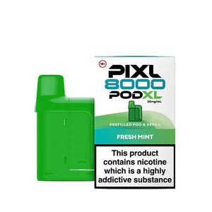 PIXL 8000 refill pods showcasing PODXL branding with 8000 puff longevity and nicotine warning - Fresh Mint Flavour 