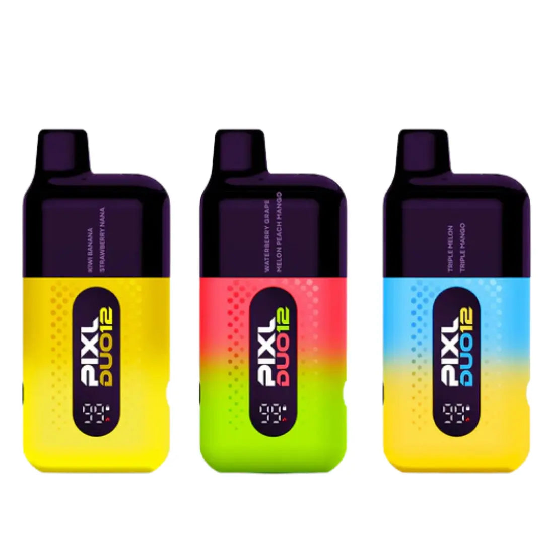 Three PIXL DUO 12 Disposable Vape Kits in vibrant, dual-tone colour designs, showcasing flavour options such as Yellow Edition, Watermelon Edition and Tropical Edition