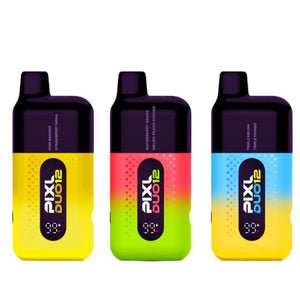 Three PIXL DUO 12 Prefilled Vape Kits in vibrant, dual-tone colour designs, showcasing flavour options such as Yellow Edition, Watermelon Edition and Tropical Edition