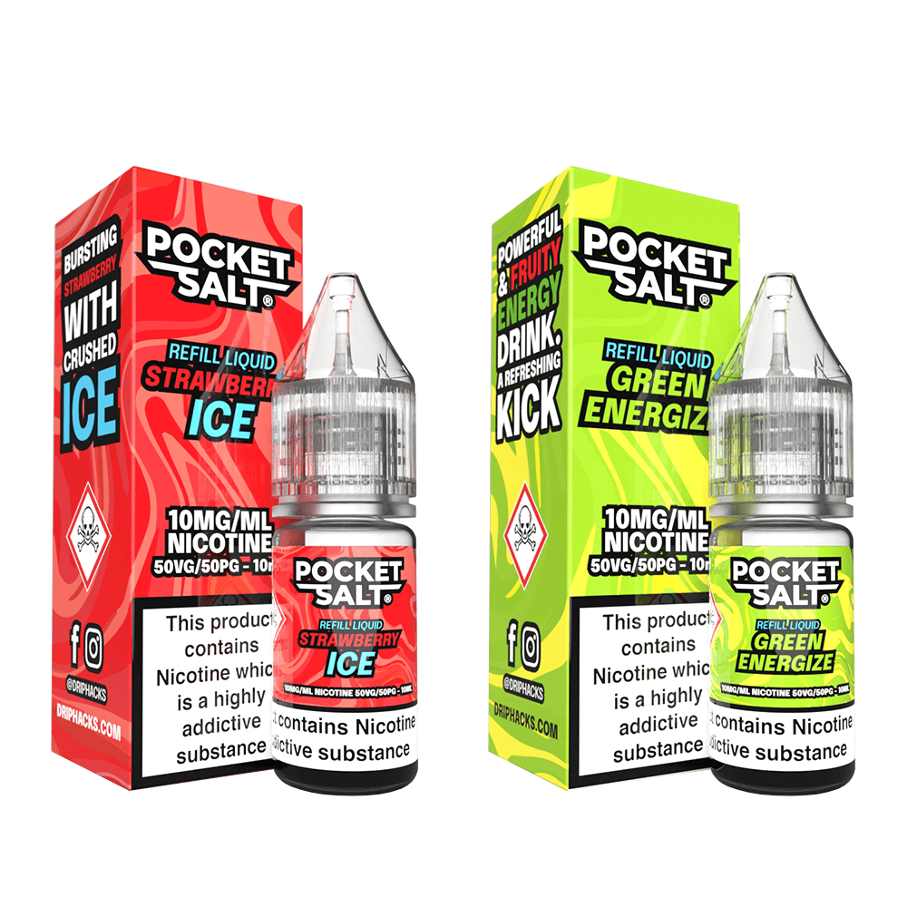 Two Pocket Salt e-liquid bottles: Strawberry Ice and Green Energize flavours, with vibrant packaging.