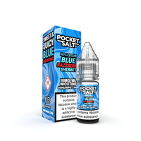 Pocket Salt Blue Razzberry Sherbet 10ml e-liquid bottle and box with nicotine warning label.