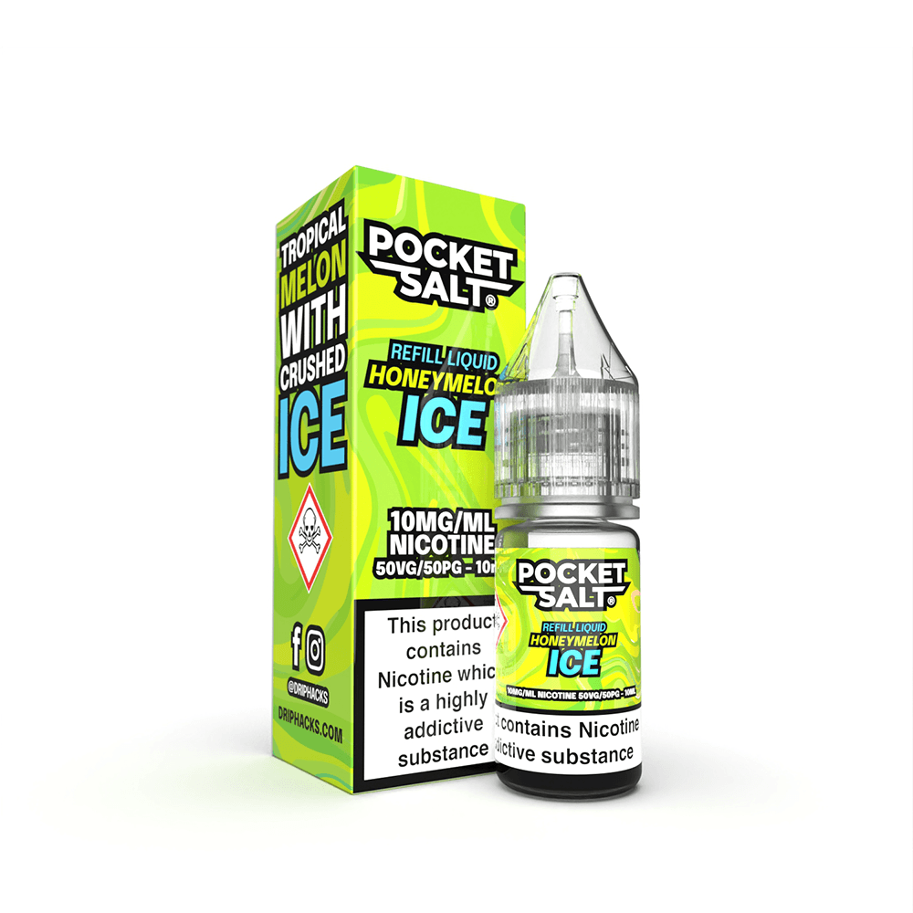 Pocket Salt Tropical Melon Ice 10ml e-liquid bottle and box with green and yellow design.