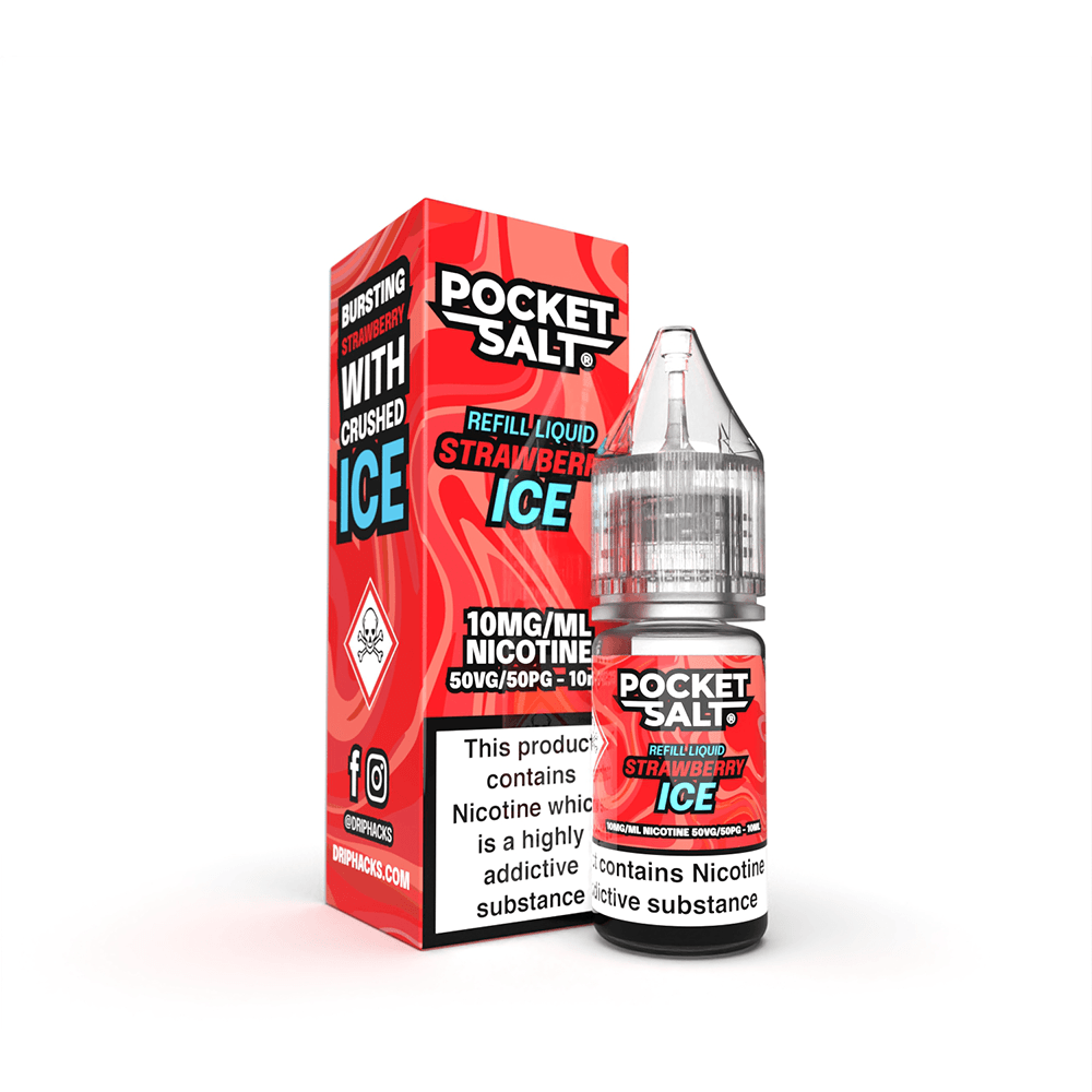 Pocket Salt Strawberry Ice e-liquid 10ml bottle and box with bold red and white design.