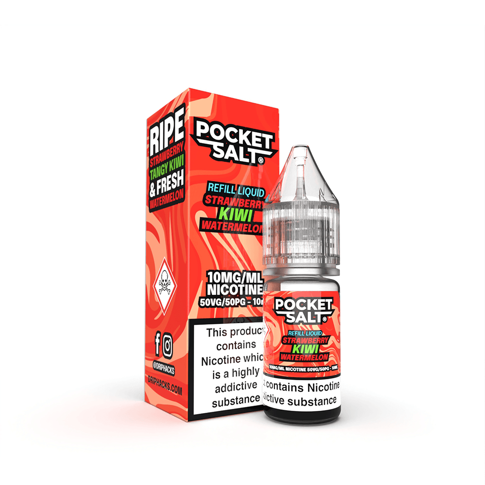 Pocket Salt vape juice, 10ml bottle, Strawberry Kiwi & Watermelon flavour, 10mg nicotine.