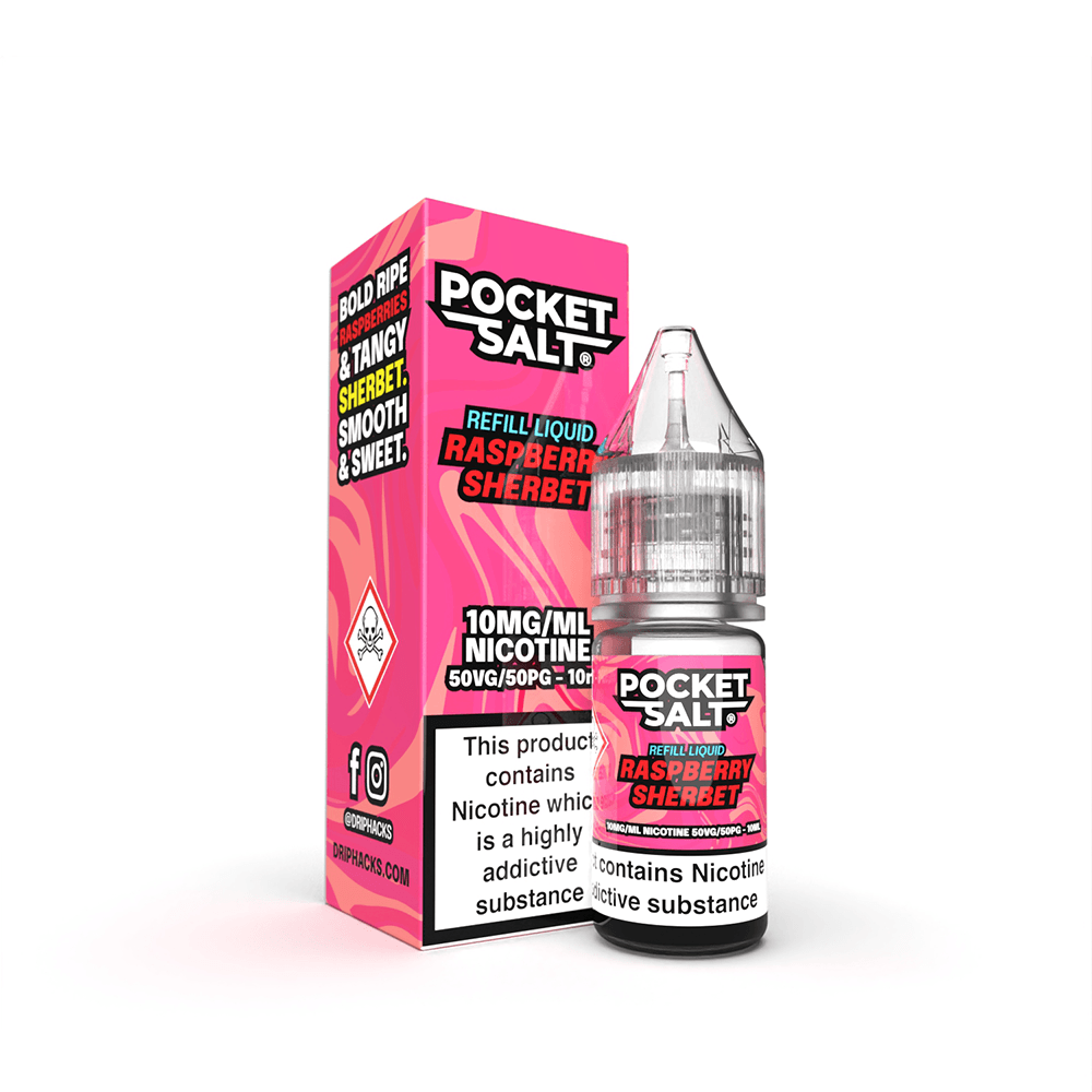 Pocket Salt Raspberry Sherbet e-liquid, 10ml bottle and box, bold pink packaging.