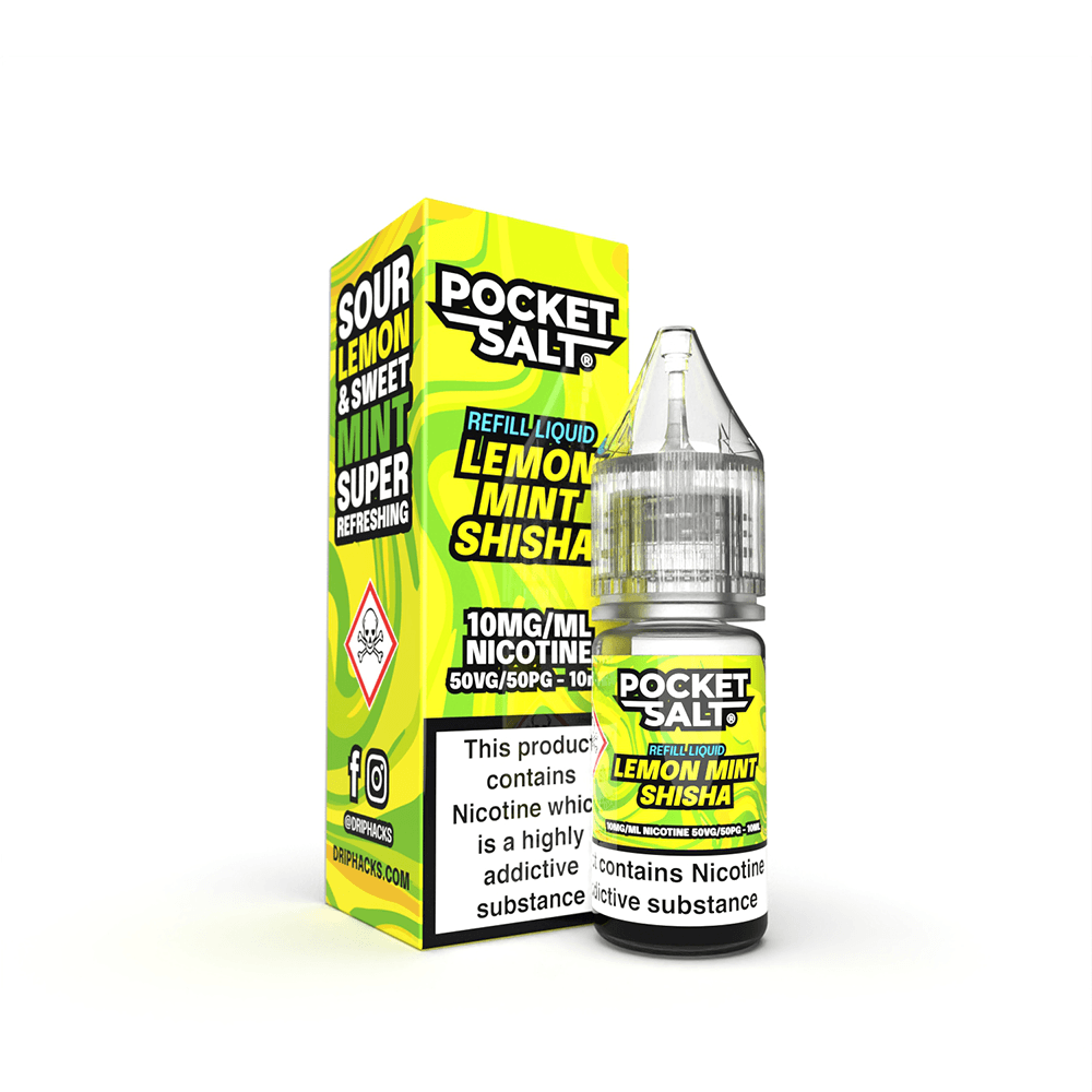 Pocket Salt Lemon Mint 10ml vape liquid, 10mg nicotine, bright packaging.