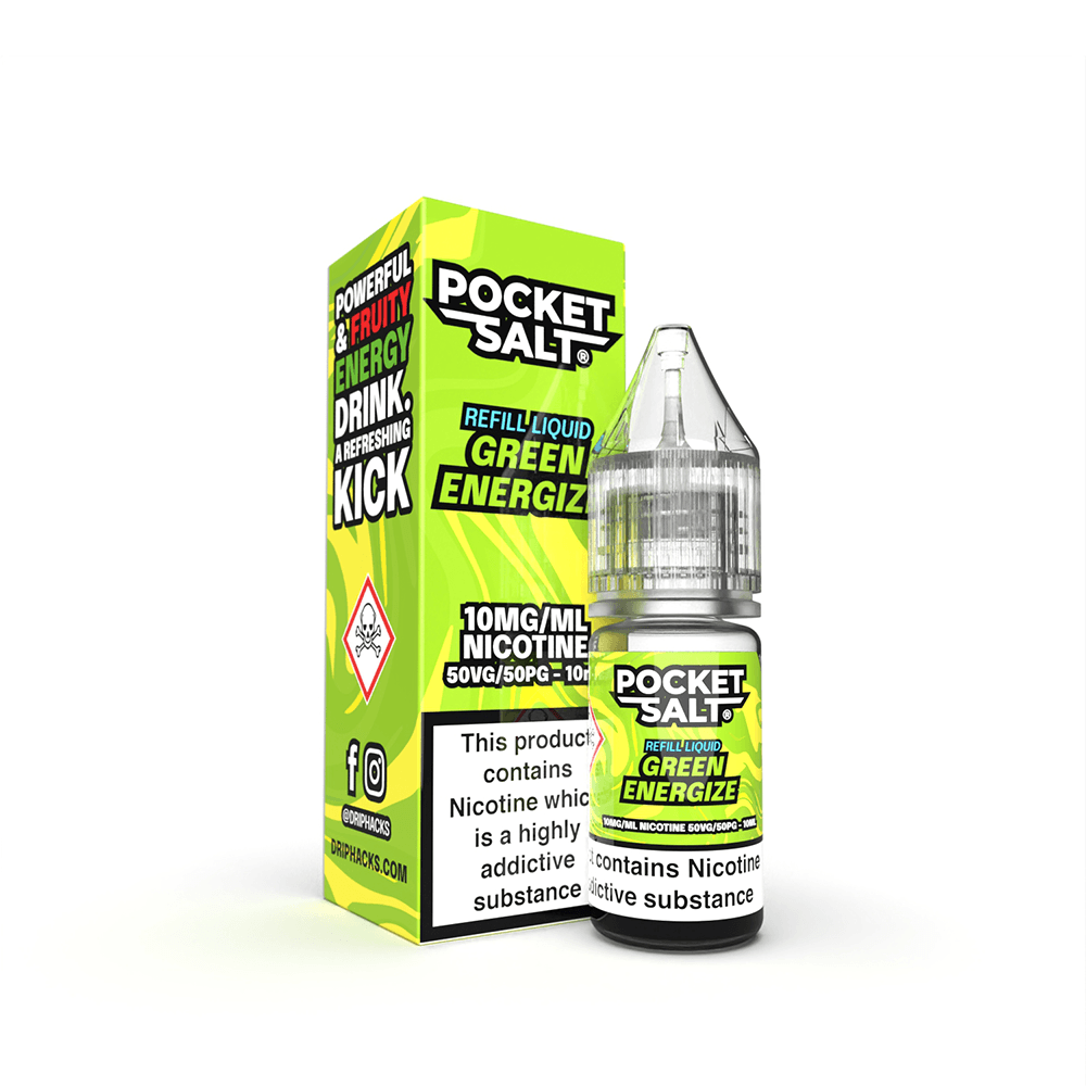 Pocket Salt Green Energize vape juice, 10ml bottle, 10mg nicotine, vibrant packaging.