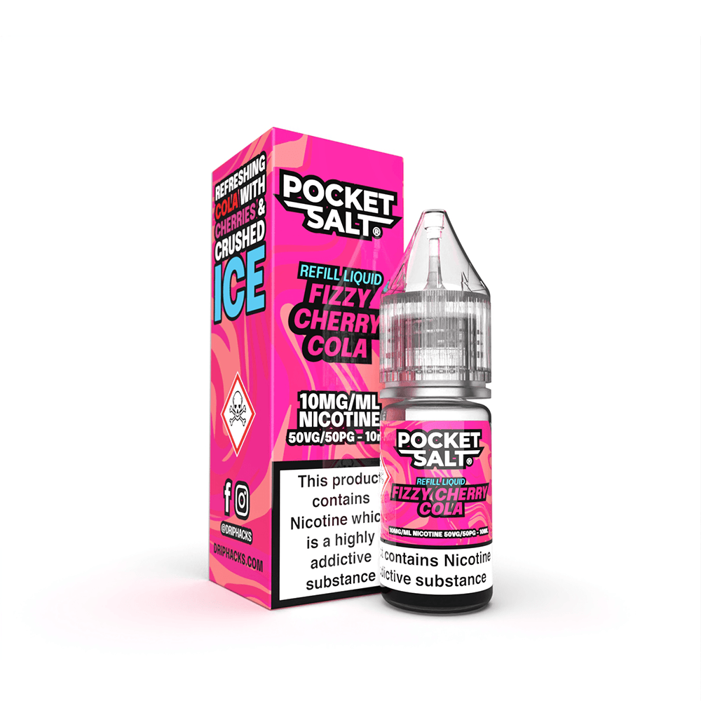 Pocket Salt Fizzy Cherry Cola e-liquid bottle and box with nicotine warning.