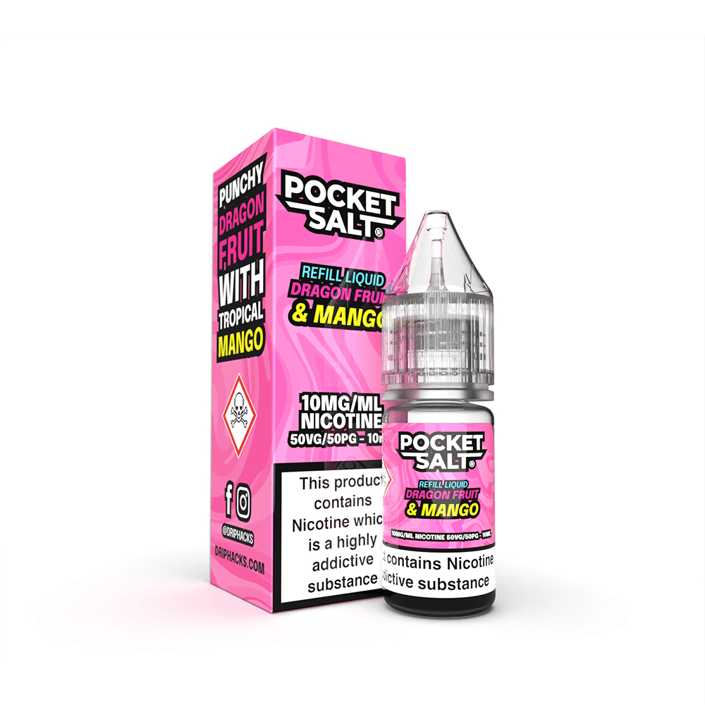 Pocket Salt Dragon Fruit & Mango 10ml e-liquid bottle and box with pink branding.