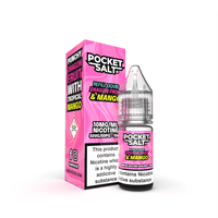 Pocket Salt Dragon Fruit & Mango 10ml e-liquid bottle and box with pink branding.