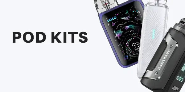 Pod kits category banner showcasing a Uwell Caliburn KOKO vape with a full-screen digital display and a sleek Geekvape pod system.