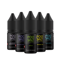 Pod Salt e-liquid bottles in various flavours: Blueberry Pomegranate, Blackcurrant, Apple, Banana Ice, Blue Berg.