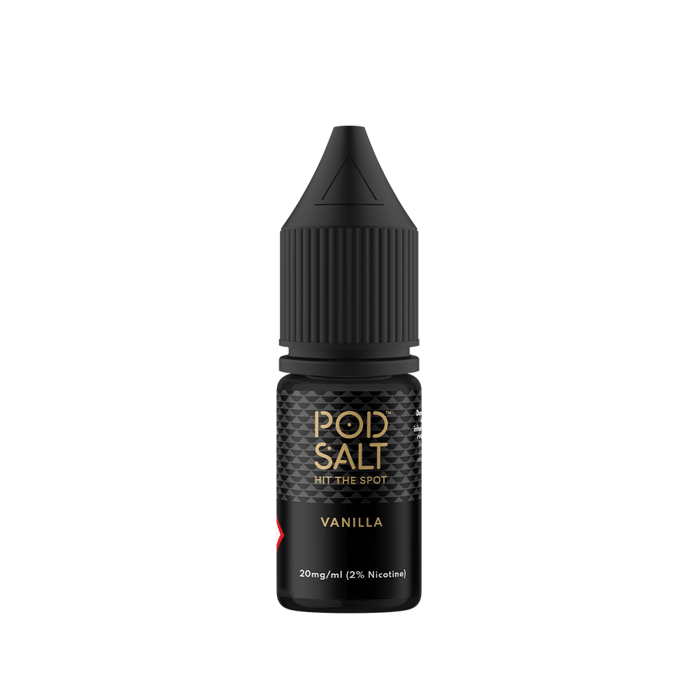 Pod Salt Vanilla 10ml e-liquid bottle, black with gold text, 20mg/ml nicotine.