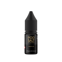 Pod Salt Vanilla 10ml e-liquid bottle, black with gold text, 20mg/ml nicotine.