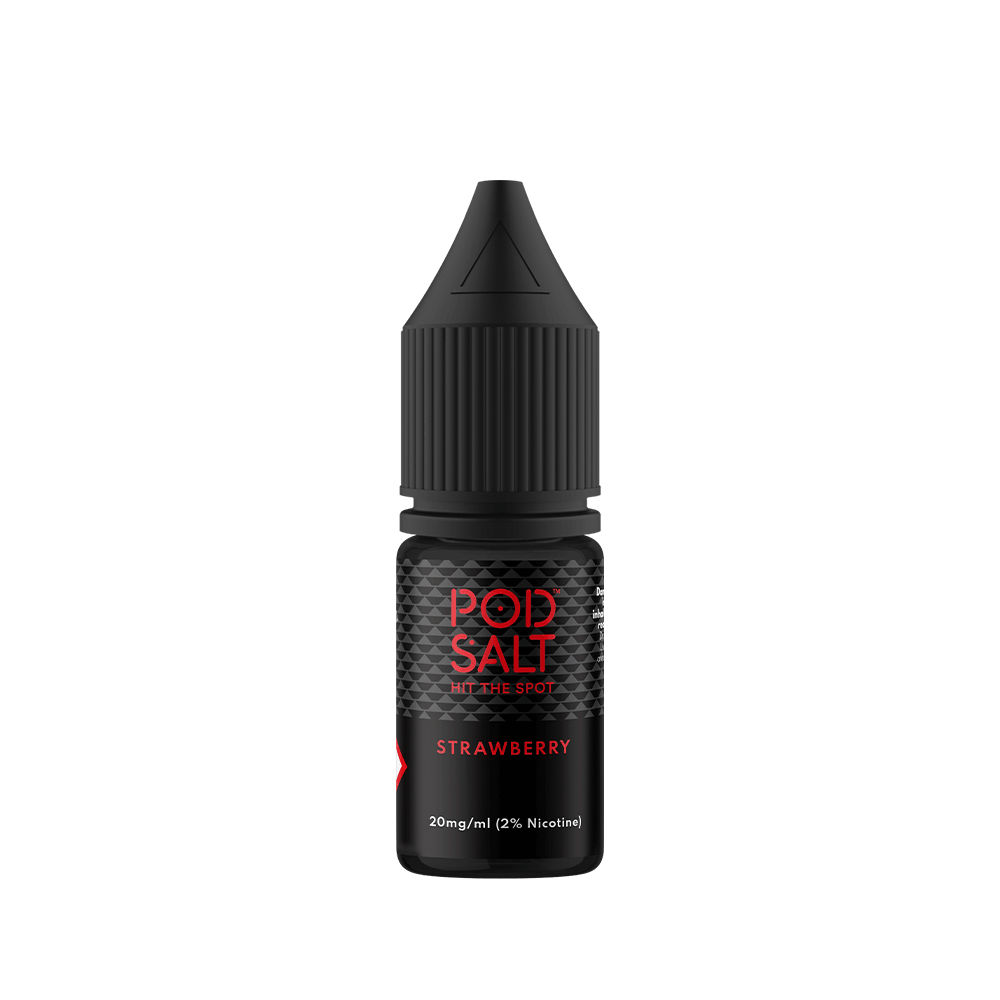 Pod Salt Strawberry 20mg e-liquid bottle with a black cap and label.