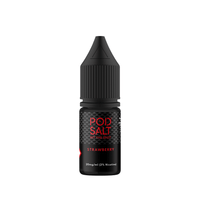 Pod Salt Strawberry 20mg e-liquid bottle with a black cap and label.