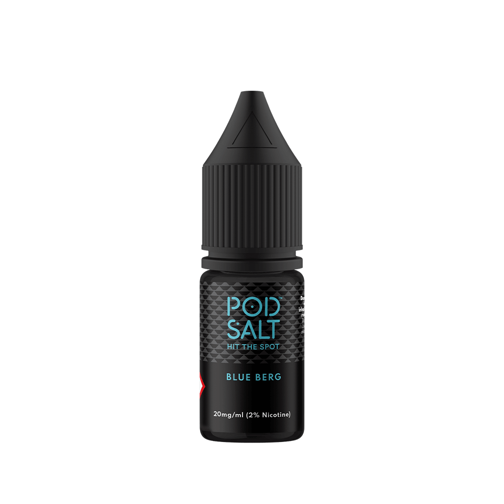 Pod Salt Blue Berg e-liquid bottle, 20mg nicotine, black label with blue text.