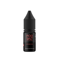 Pod Salt Lychee Ice vape juice bottle, 20mg nicotine, black label.