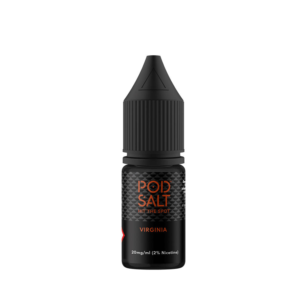 Pod Salt Virginia e-liquid bottle, 10ml, 20mg nicotine, black label with orange text.