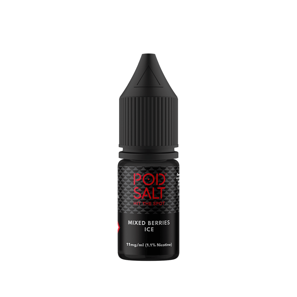 Pod Salt e-liquid bottle, Mixed Berries Ice flavour, 10ml, black label.