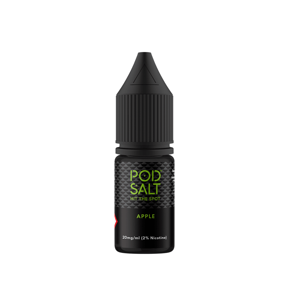 Pod Salt Apple e-liquid bottle, 20mg nicotine, black and green label.