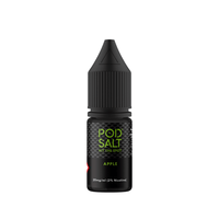 Pod Salt Apple e-liquid bottle, 20mg nicotine, black and green label.