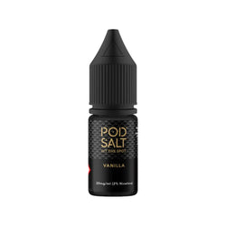 Pod Salt Vanilla 10ml e-liquid bottle, black with gold text, 20mg/ml nicotine.