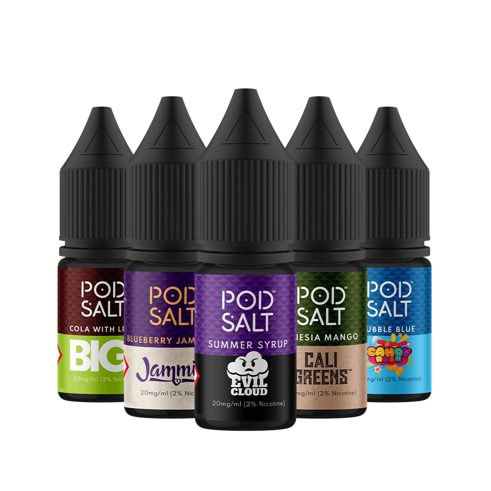 Five Pod Salt e-liquid bottles with various flavours arranged in a row.