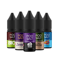 Five Pod Salt e-liquid bottles with various flavours arranged in a row.