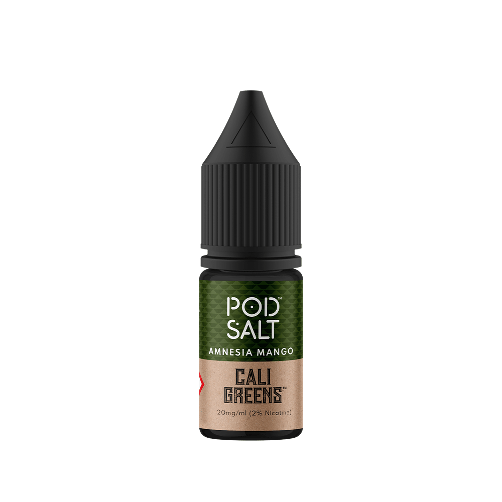 Pod Salt Fusion Amnesia Mango e-liquid bottle with Cali Greens branding.