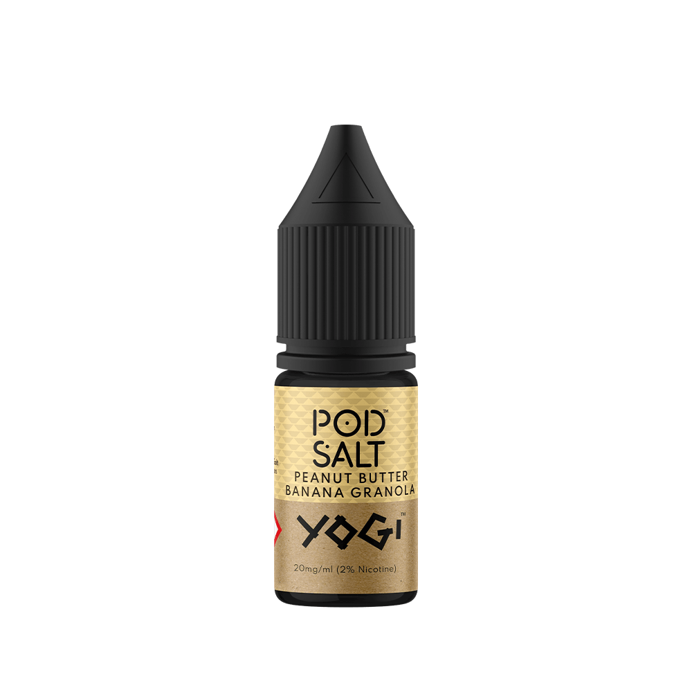 Pod Salt Yogi e-liquid bottle, peanut butter banana granola flavour, 10ml.