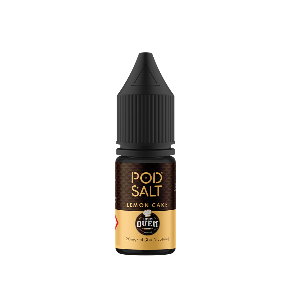 Pod Salt Lemon Cake e-liquid bottle, 20mg nicotine, black cap.