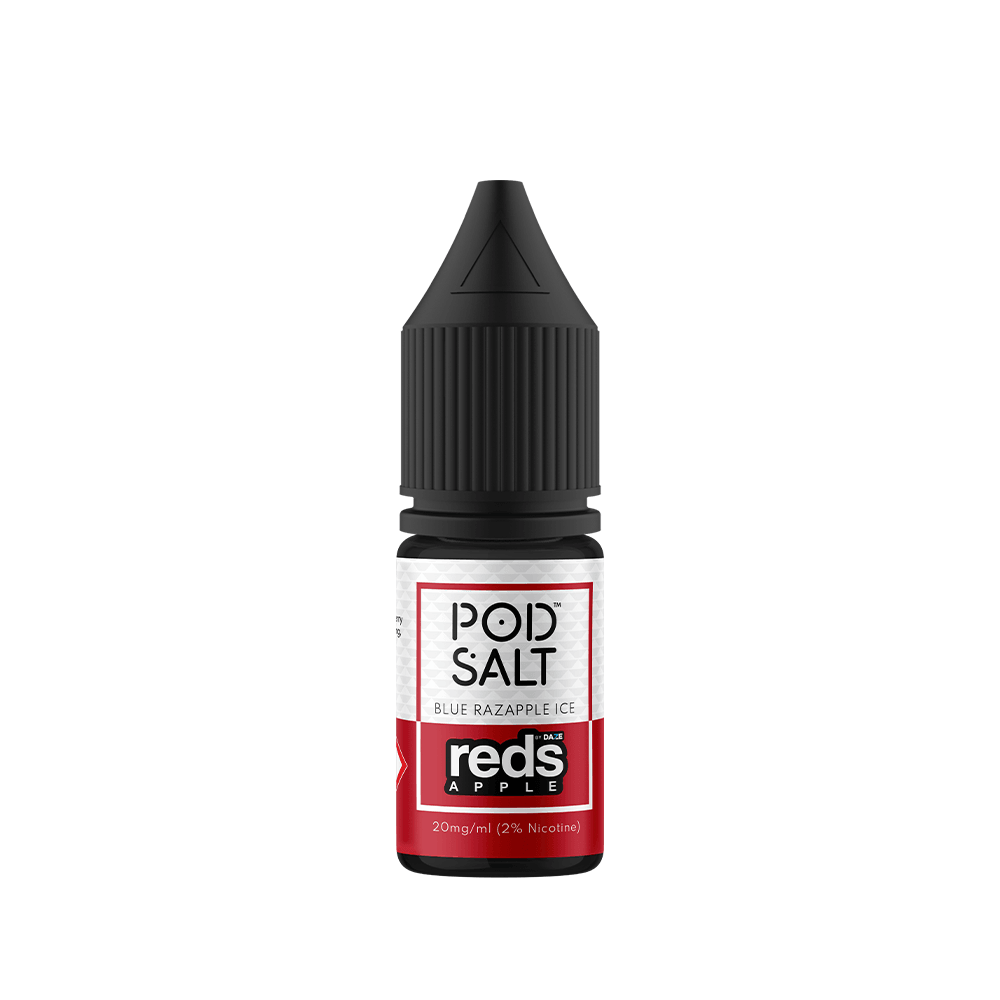 Pod Salt Blue Razapple Ice e-liquid bottle, 10ml, 20mg nicotine strength.