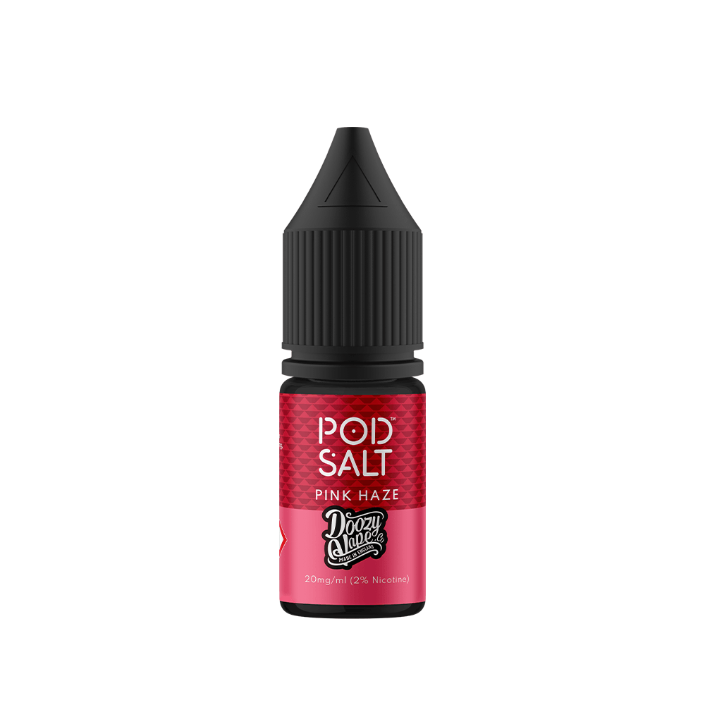 Pod Salt Pink Haze 10ml e-liquid bottle with Doozy Vape Co branding, 20mg/ml nicotine.