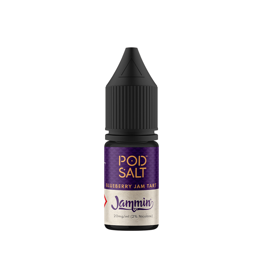 Pod Salt Jammin' Blueberry Jam Tart e-liquid bottle, 10ml, 20mg nicotine strength.