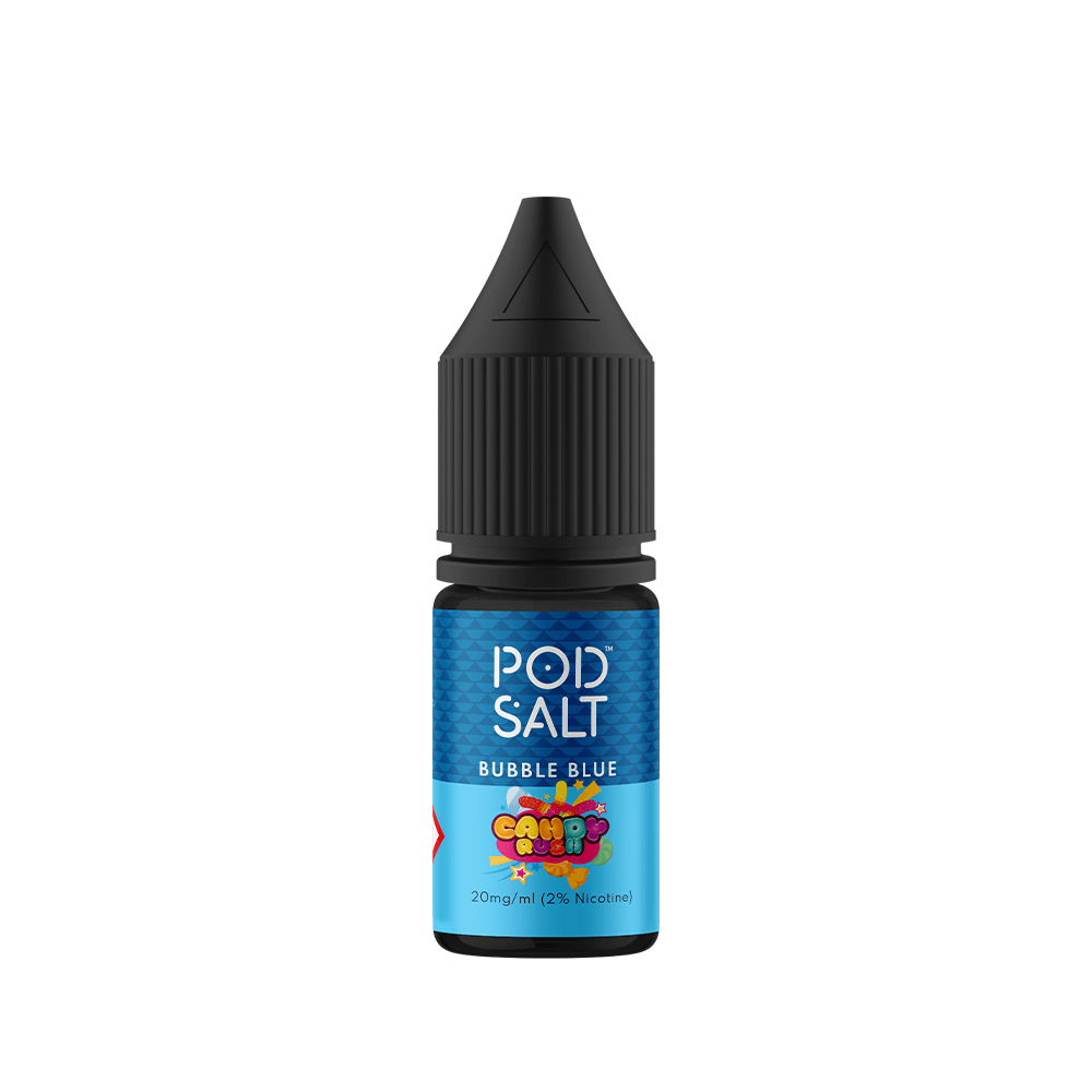 Pod Salt Bubble Blue 10ml e-liquid bottle with black cap and blue label.