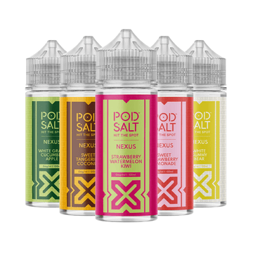 Pod Salt Nexus e-liquids in five flavours, including Strawberry Watermelon Kiwi and Sweet Tangerine.