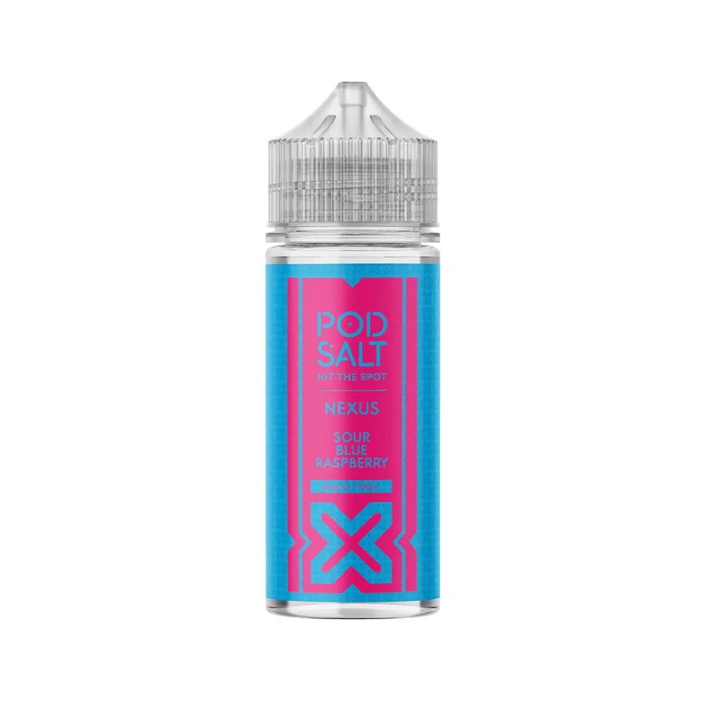 Pod Salt Nexus Sour Blue Raspberry 100ml e-liquid bottle with blue and pink label.