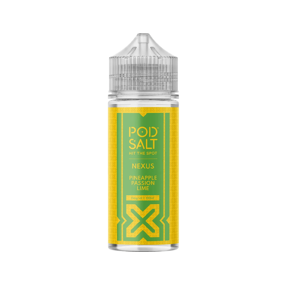 Pod Salt Nexus Pineapple Passion Lime 100ml vape juice bottle with yellow label.